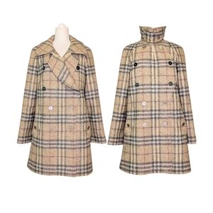 Burberry Nova Check Plaid Wool Double Breasted Long Coat Beige Navy Red 14